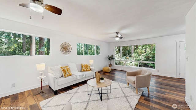 5169 Banner Rd SE, Port Orchard, WA 98367 - living room with a ceiling fan, healthy amount of natural light, and dark wood-style flooring