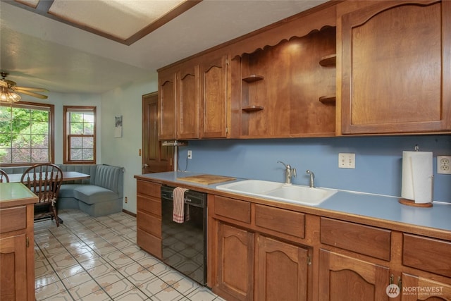 213 Monte Elma Rd, Montesano, WA 98563 - kitchen featuring dishwasher, ceiling fan, brown cabinetry, light countertops, and open shelves