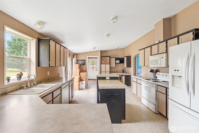 172 Equine Dr, Onalaska, WA 98570 - kitchen featuring white appliances, light floors, lofted ceiling, arched walkways, and a kitchen island