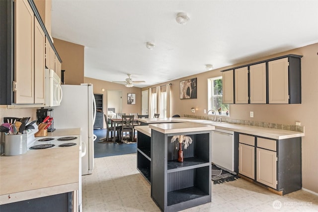 172 Equine Dr, Onalaska, WA 98570 - kitchen featuring white appliances, open shelves, light flooring, and light countertops