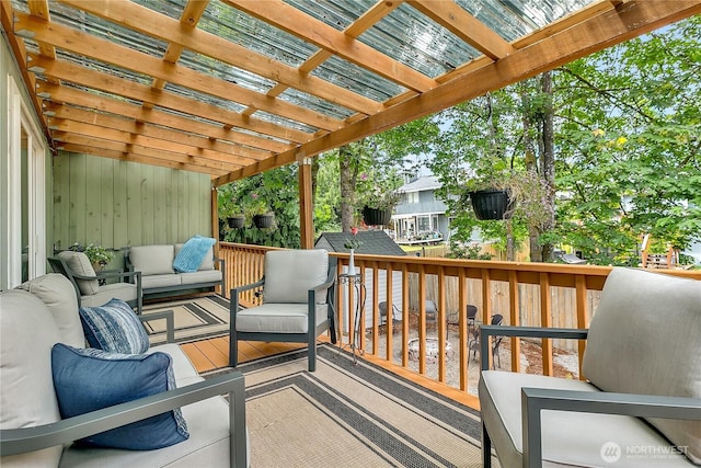 21628 SE 271st St, Maple Valley, WA 98038 - wooden deck featuring an outdoor living space and a pergola