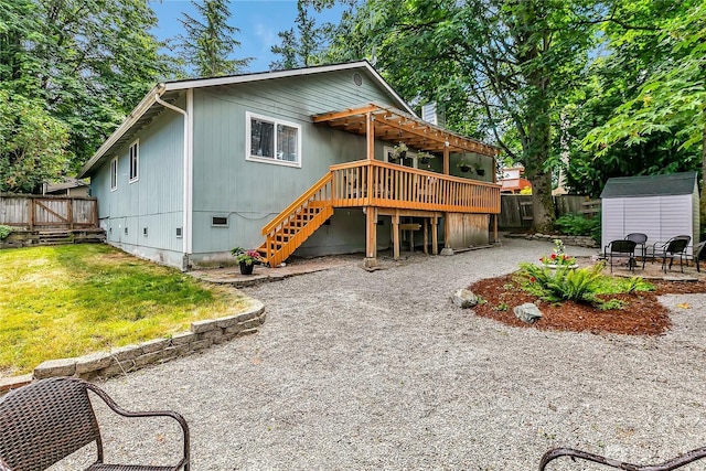 21628 SE 271st St, Maple Valley, WA 98038 - back of house featuring a deck, stairs, a patio, and a shed