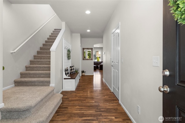 902 Van Ogle Ln NW, Orting, WA 98360 - entryway featuring stairs, dark wood-type flooring, and recessed lighting