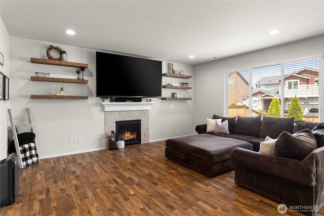 902 Van Ogle Ln NW, Orting, WA 98360 - living room with wood finished floors, a tile fireplace, and recessed lighting