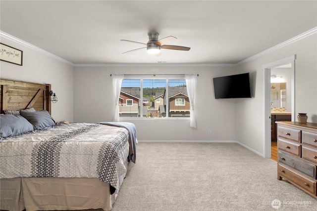 902 Van Ogle Ln NW, Orting, WA 98360 - bedroom featuring crown molding, light colored carpet, ceiling fan, and ensuite bath