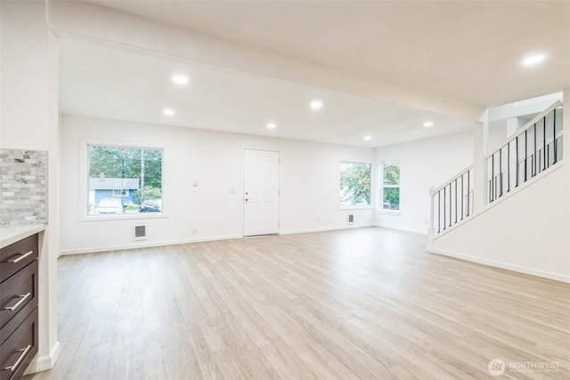 15421 10th Ave SW, Burien, WA 98166 - unfurnished living room featuring light wood-type flooring, stairway, and recessed lighting