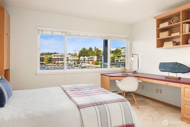 515 Lake St S Unit 205, Kirkland, WA 98033 - bedroom featuring built in study area and light colored carpet