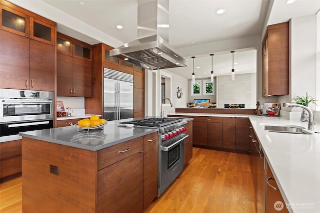 8246 W Mercer Way, Mercer Island, WA 98040 - kitchen featuring island range hood, premium appliances, light wood-type flooring, an island with sink, and glass insert cabinets