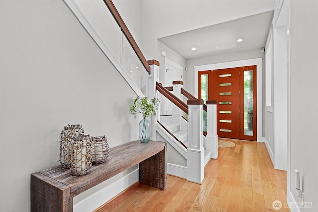 8246 W Mercer Way, Mercer Island, WA 98040 - foyer featuring light wood-style floors, stairs, and recessed lighting