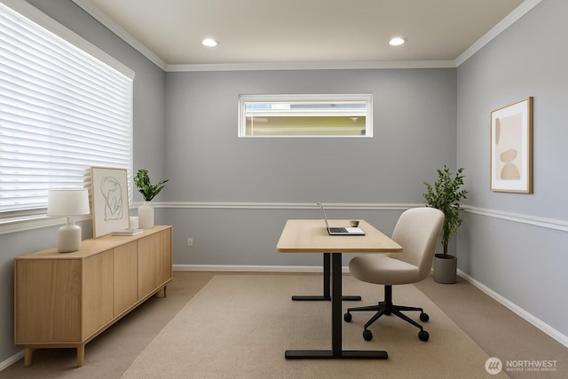 2117 197th Street Ct E, Spanaway, WA 98387 - home office with light colored carpet, crown molding, and recessed lighting