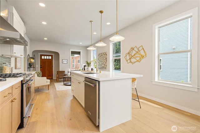 157 26th Ave, Seattle, WA 98122 - kitchen featuring wall chimney exhaust hood, stainless steel appliances, arched walkways, light wood-style flooring, and recessed lighting