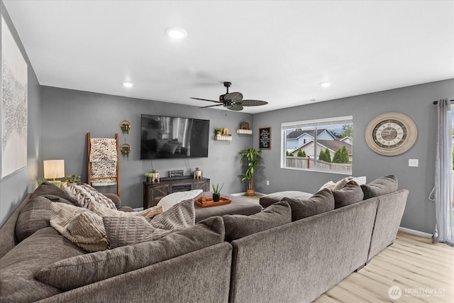 1120 15th Ave, Sultan, WA 98294 - living room featuring light wood-style flooring, ceiling fan, and recessed lighting