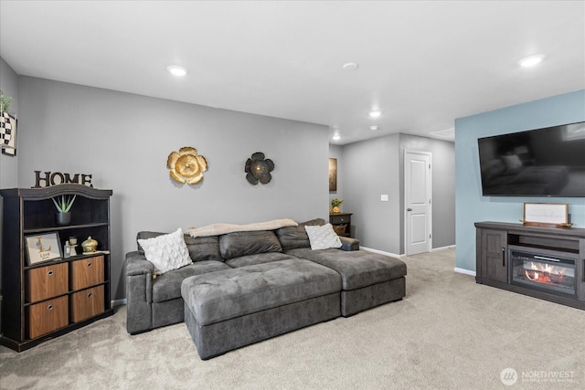 1120 15th Ave, Sultan, WA 98294 - carpeted living room featuring recessed lighting and a glass covered fireplace