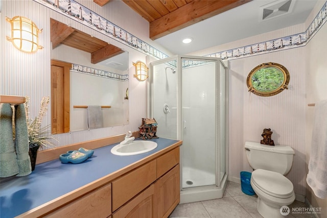 2290 Riffle Dr, Leavenworth, WA 98826 - full bath with vanity, a stall shower, tile patterned floors, and a wood ceiling with exposed beams