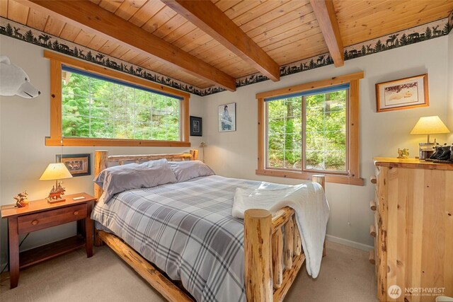 2290 Riffle Dr, Leavenworth, WA 98826 - bedroom with carpet flooring, a wood ceiling with exposed beams, multiple windows, and a bar