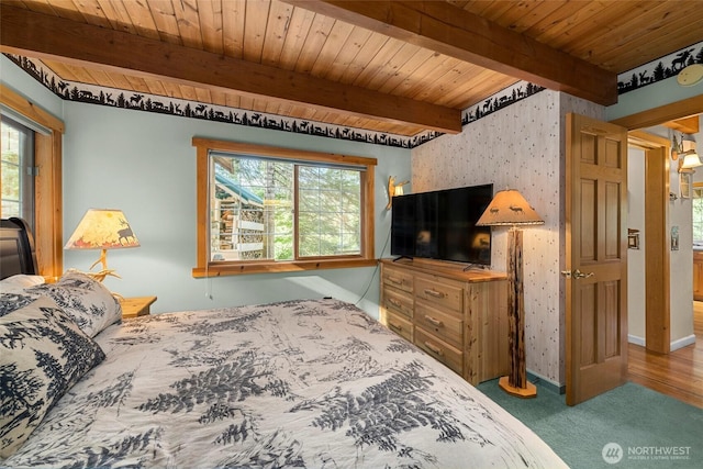 2290 Riffle Dr, Leavenworth, WA 98826 - carpeted bedroom with multiple windows, a wood ceiling with exposed beams, and wallpapered walls