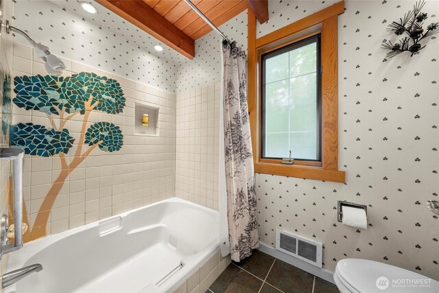 2290 Riffle Dr, Leavenworth, WA 98826 - full bath with tile patterned floors, shower / bath combination with curtain, a wooden ceiling with exposed beams, and wallpapered walls