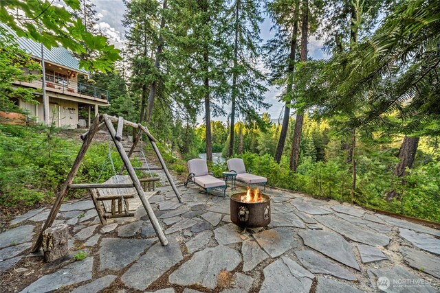 2290 Riffle Dr, Leavenworth, WA 98826 - view of patio / terrace with an outdoor fire pit and stairs