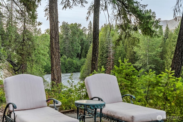 2290 Riffle Dr, Leavenworth, WA 98826 - view of patio / terrace featuring a wooded view and a water view