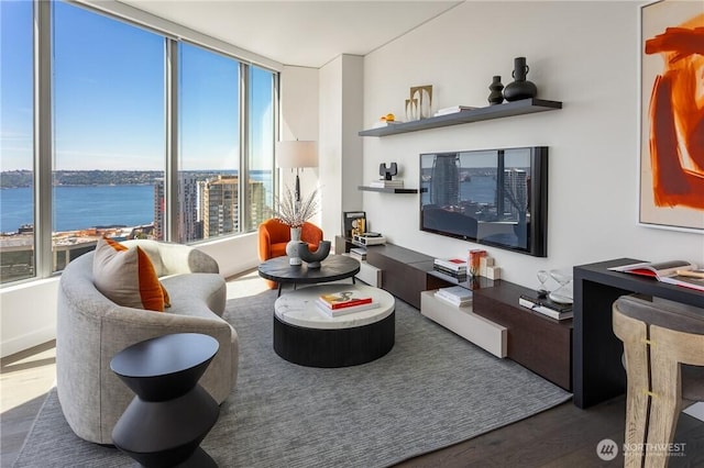 2510 6th Ave Unit 1704, Seattle, WA 98121 - living area with wood finished floors and a water view