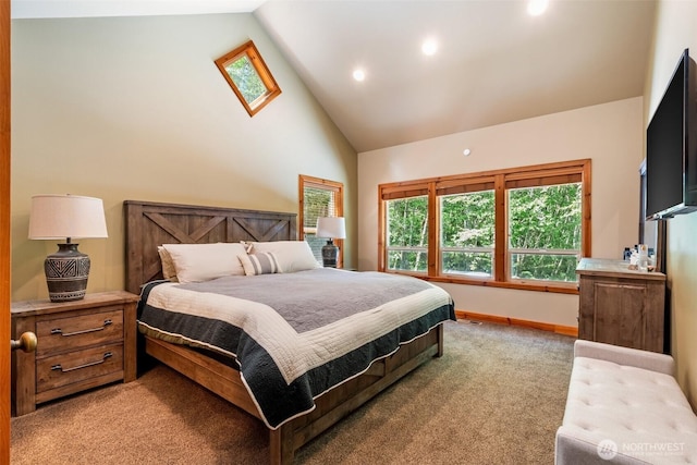 143 Scenic Ln, Mossyrock, WA 98564 - bedroom with multiple windows, high vaulted ceiling, light carpet, and recessed lighting