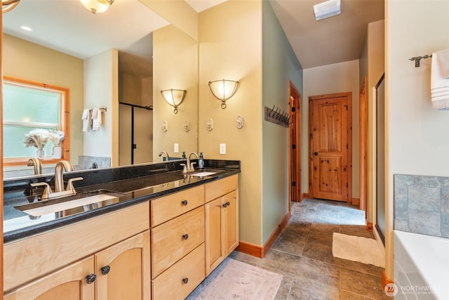 143 Scenic Ln, Mossyrock, WA 98564 - full bathroom with double vanity, a bath, and a shower stall