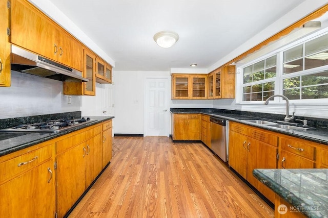 731 Maplewood Ave, Kent, WA 98030 - kitchen featuring under cabinet range hood, stainless steel appliances, brown cabinetry, light wood finished floors, and glass insert cabinets
