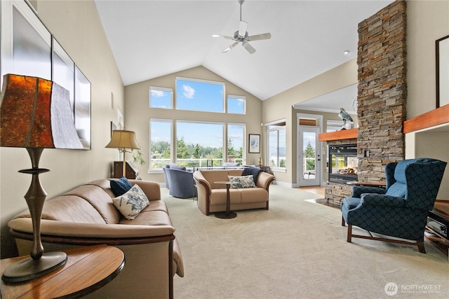 60 Marigold Dr, Bellingham, WA 98229 - carpeted living area with healthy amount of natural light, a ceiling fan, high vaulted ceiling, and a fireplace