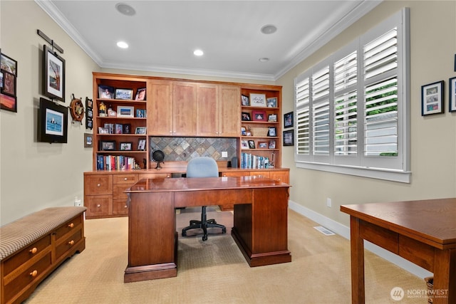 60 Marigold Dr, Bellingham, WA 98229 - office area with ornamental molding, light colored carpet, and recessed lighting