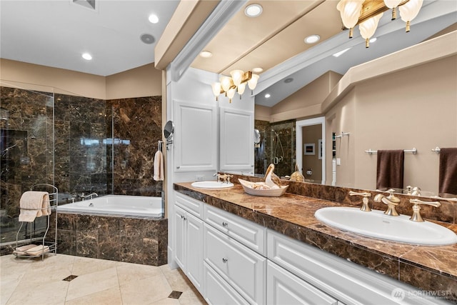 60 Marigold Dr, Bellingham, WA 98229 - bathroom with tiled shower, tiled tub, double vanity, recessed lighting, and tile patterned floors