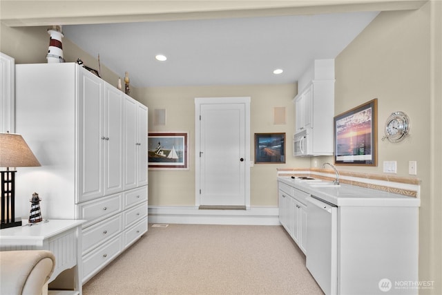 60 Marigold Dr, Bellingham, WA 98229 - kitchen featuring white appliances, light countertops, white cabinetry, light carpet, and recessed lighting