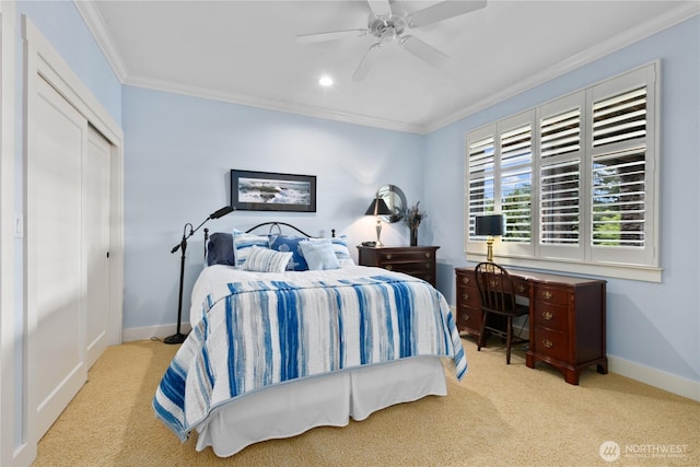 60 Marigold Dr, Bellingham, WA 98229 - carpeted bedroom with crown molding, a closet, a ceiling fan, and recessed lighting