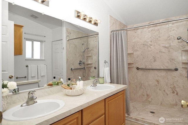 24027 222nd Pl SE Unit 88, Maple Valley, WA 98038 - bathroom with vaulted ceiling, a shower with curtain, and double vanity