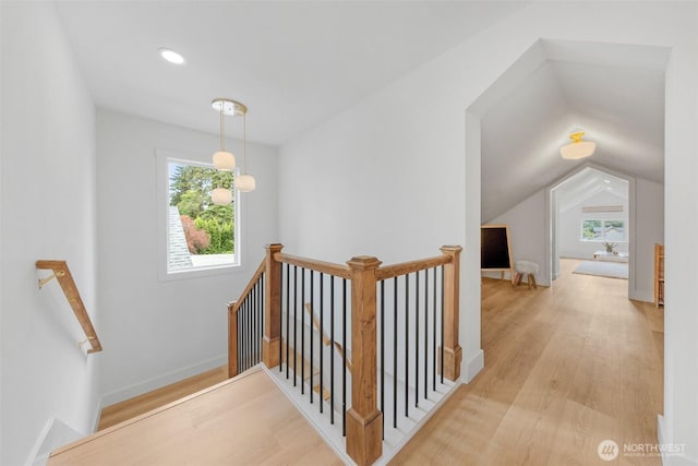 4658 N Defiance St, Tacoma, WA 98407 - stairway with wood finished floors, lofted ceiling, and recessed lighting