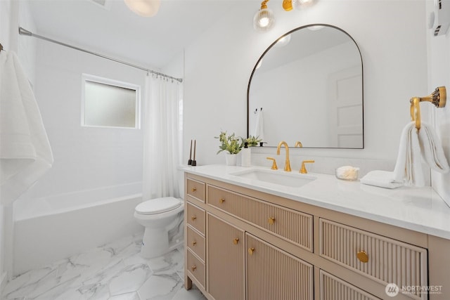 4658 N Defiance St, Tacoma, WA 98407 - bathroom featuring vanity, shower / bathtub combination with curtain, marble finish flooring, and a wall mounted air conditioner
