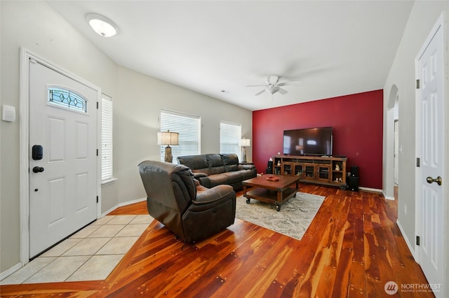 1950 K St, Walla Walla, WA 99362 - living room with a ceiling fan, wood finished floors, and an accent wall