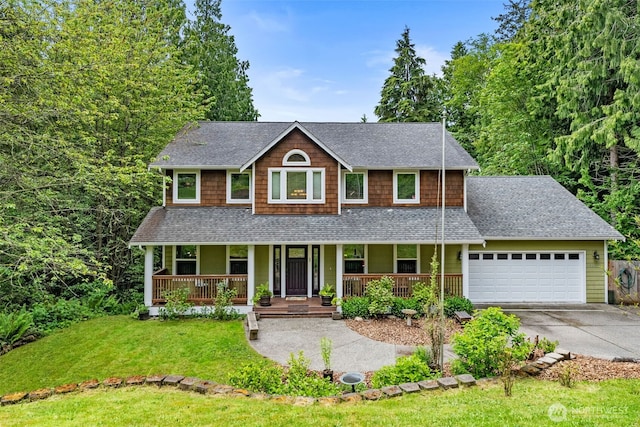 34059 Bridge View Dr NE, Kingston, WA 98346 - view of front of home featuring covered porch, a garage, concrete driveway, a front lawn, and a shingled roof