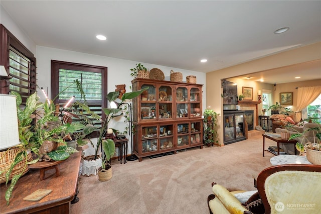 34059 Bridge View Dr NE, Kingston, WA 98346 - carpeted living area featuring a glass covered fireplace and recessed lighting