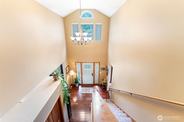34059 Bridge View Dr NE, Kingston, WA 98346 - entrance foyer with dark wood finished floors, a chandelier, and high vaulted ceiling