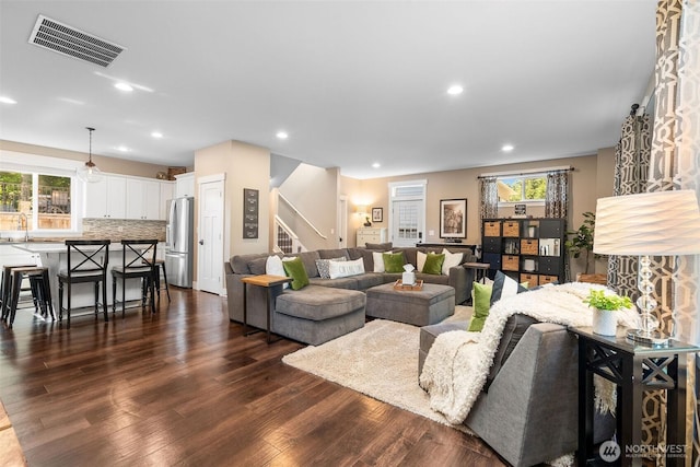 7235 20th Ave SE Unit A & B, Lacey, WA 98503 - living area with dark wood finished floors, stairway, and recessed lighting