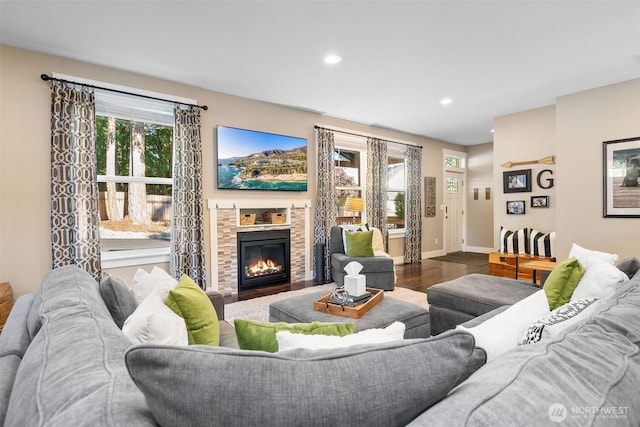 7235 20th Ave SE Unit A & B, Lacey, WA 98503 - living room featuring wood finished floors, recessed lighting, and a fireplace