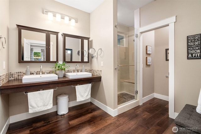 7235 20th Ave SE Unit A & B, Lacey, WA 98503 - full bathroom with a stall shower, wood finished floors, and double vanity