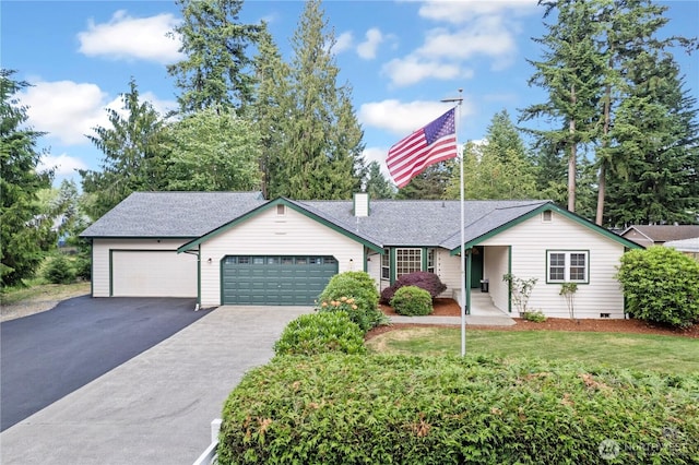 11411 208th Ave E, Bonney Lake, WA 98391 - ranch-style house with driveway, a garage, a chimney, a front yard, and roof with shingles