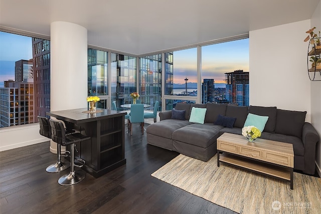 1808 Minor Ave Unit 3005, Seattle, WA 98101 - living room featuring a wall of windows, a city view, and dark wood-style flooring