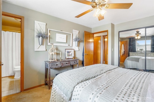 407 Offut Dr, Moses Lake, WA 98837 - bedroom with carpet flooring, a closet, ceiling fan, and ensuite bathroom