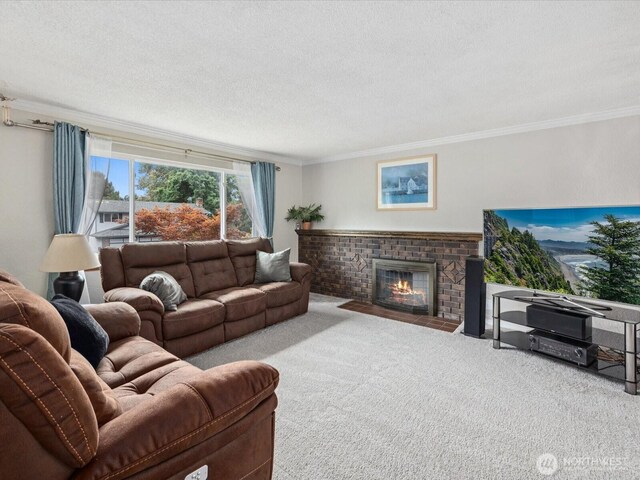 2613 172nd Pl SE, Bothell, WA 98012 - living area with crown molding, carpet flooring, a textured ceiling, and a brick fireplace