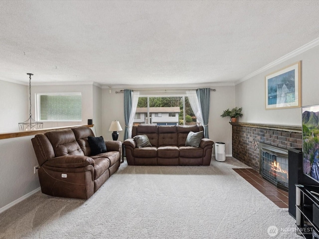 2613 172nd Pl SE, Bothell, WA 98012 - living area featuring carpet flooring, ornamental molding, a textured ceiling, and a fireplace