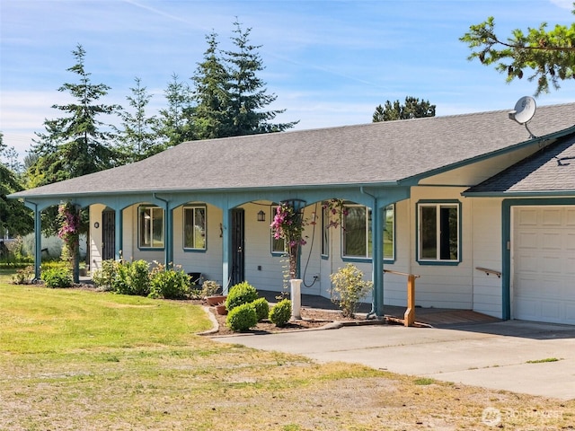 61 Cricket Ln, Sequim, WA 98382 - single story home with a garage, concrete driveway, roof with shingles, a front yard, and covered porch