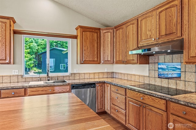 874 W State Route 4, Cathlamet, WA 98612 - kitchen with stainless steel dishwasher, under cabinet range hood, black electric cooktop, vaulted ceiling, and backsplash