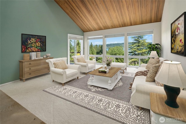 2838 170th Ave SE, Bellevue, WA 98008 - living area featuring wood ceiling, high vaulted ceiling, plenty of natural light, and carpet floors